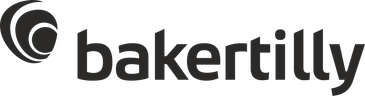 Dark grey text 'bakertilly' in lowercase, alongside a swirling circular graphic, identifies a company.