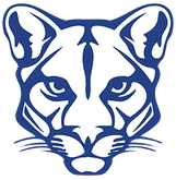 A blue and white logo featuring a fierce cougar head, symbolizing strength and agility for a school or sports team.
