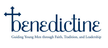 A dark blue cross over the word "benedictine," with the tagline "Guiding Young Men through Faith, Tradition, and Leadership".