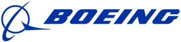 A blue logo with the word "BOEING" next to a stylized symbol resembling a circle with swooshes, all on a black background.
