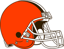 An orange football helmet, featuring a brown stripe and white facemask, is shown in profile.