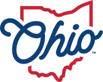 The word Ohio in dark blue script overlays a red outline of the state of Ohio.