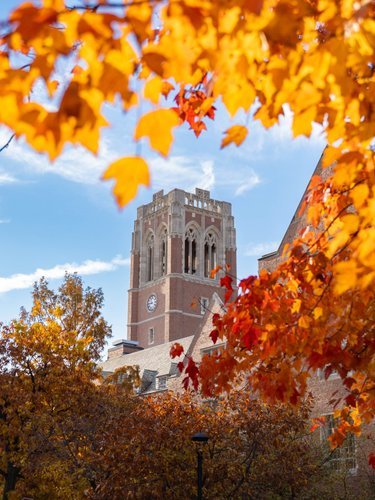 A brick clock tower rises behind trees with bright orange and red autumn leaves under a partly cloudy blue sky.