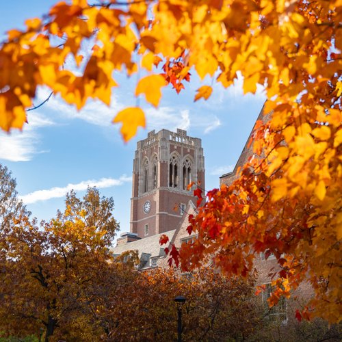 A brick clock tower rises behind trees with bright orange and red autumn leaves under a partly cloudy blue sky.