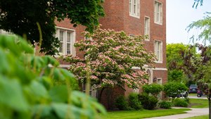 View of a brick campus building at John Carroll University framed by green trees and a flowering pink dogwood tree.