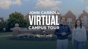 Two students, a smiling male and female, welcome viewers to a virtual tour of the John Carroll University campus.