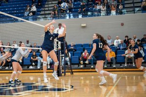 A volleyball player in a navy uniform jumps to set the ball while teammates watch and prepare on a gym court.