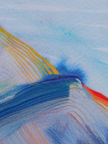 Abstract painting of colorful mountains with flowing lines under a blue sky and a red sun.