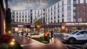 People walk and sit in a courtyard with string lights between a multi-story building housing retail shops and specialty.