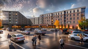 People walk and stand in a parking lot in front of a large modern building with a specialty grocer at sunset.