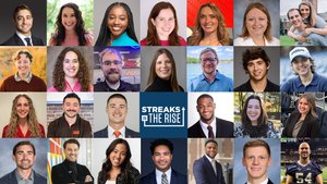 A collage of twenty-seven diverse people smiling in headshots arranged around a blue square with white text reading Streaks.