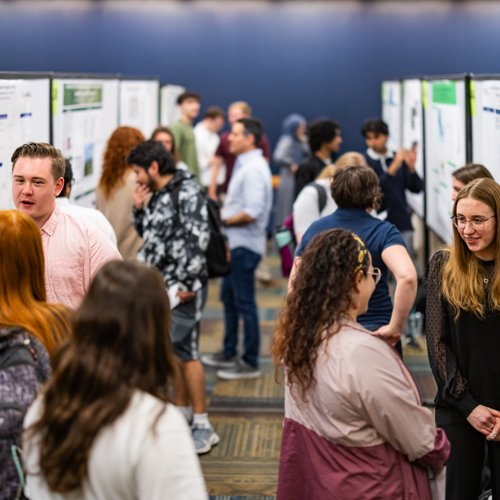 Students stand and talk in pairs along two rows of poster boards displaying research or projects in a large room.