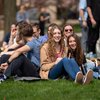 A group of young people sit on grass in a line, smiling and enjoying a sunny day outdoors.