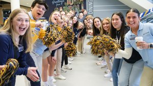 Group Young People Cheer Smile Holding Blue Gold