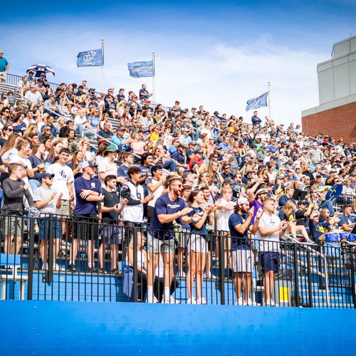 A large crowd of people stands and sits in stadium bleachers, many clapping and cheering under a blue sky.
