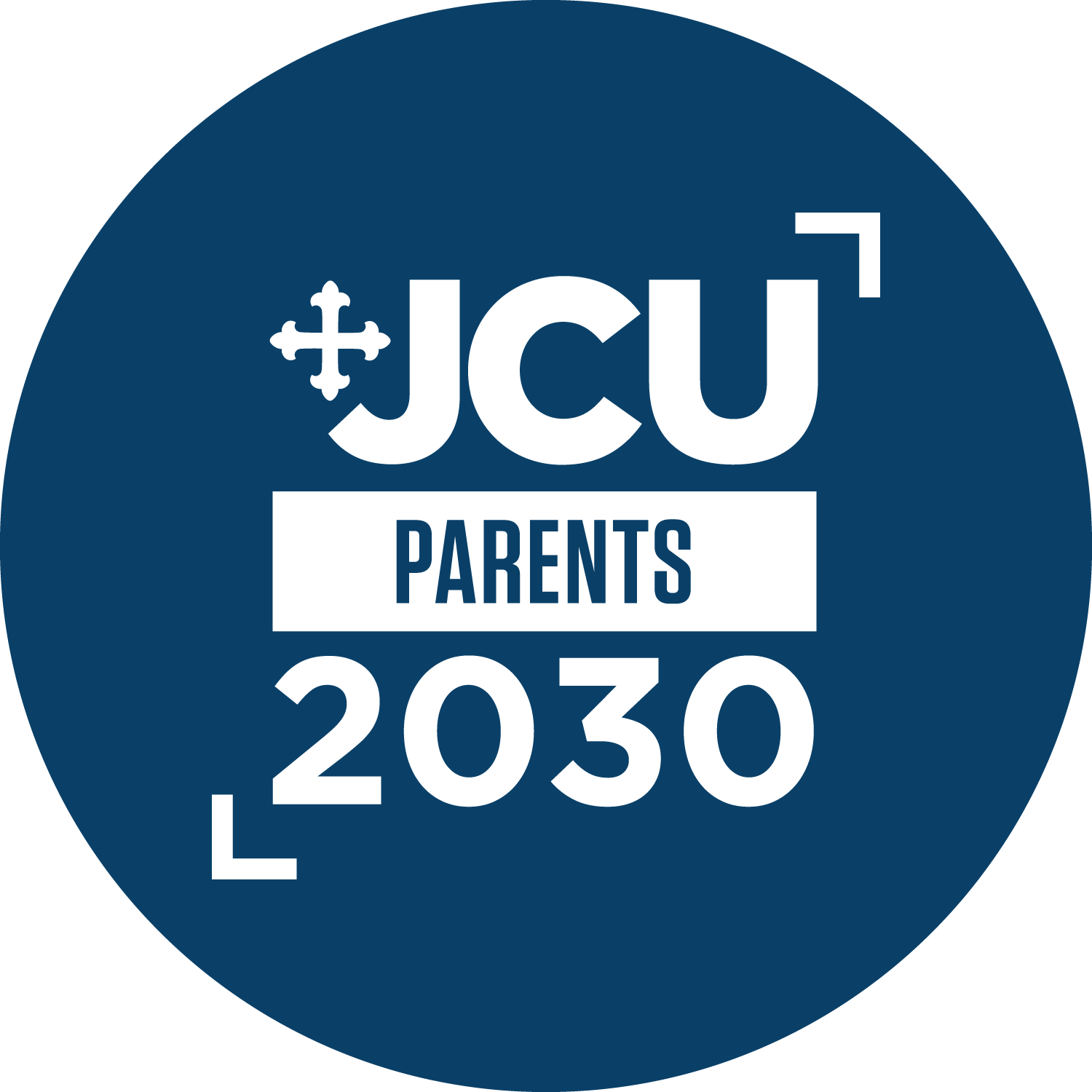 JCU Parents 2030 badge, blue background