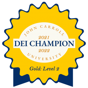 award badge reads John Carroll University DEI Champion 2021-2022 - Gold Level 2