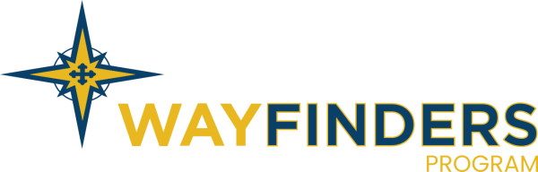 Wayfinders Program Logo, yellow and blue fonts