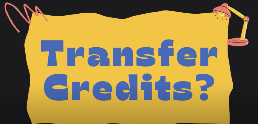 Black slide with yellow box overlayed by blue text that says: transfer credits?